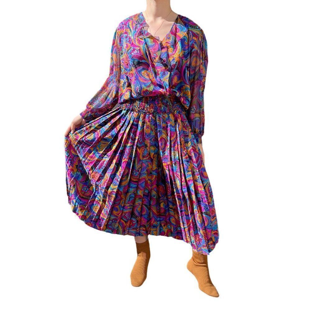 Vintage 80s Womens Retro Paisley Multicolor Floral Pleated Hippie Skirt Set M